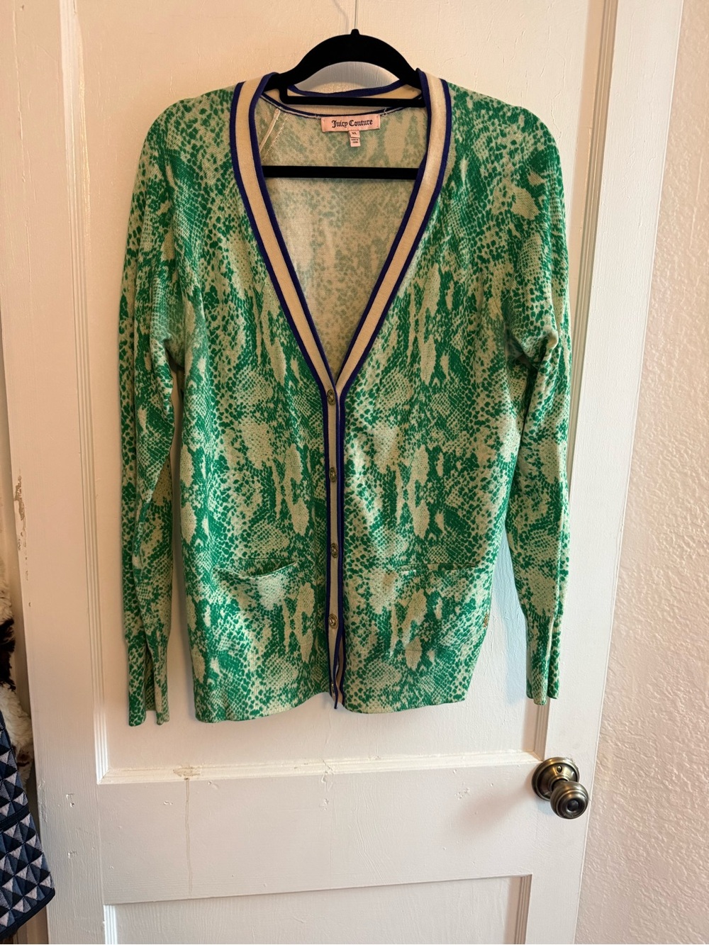 Juicy Couture Snakeskin Print Cardigan Sweater Blue Trim Gold Buttons